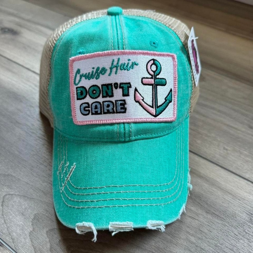 Turquoise and‎ white Cruise Hair Don't Care trucker hat #hairaccessories